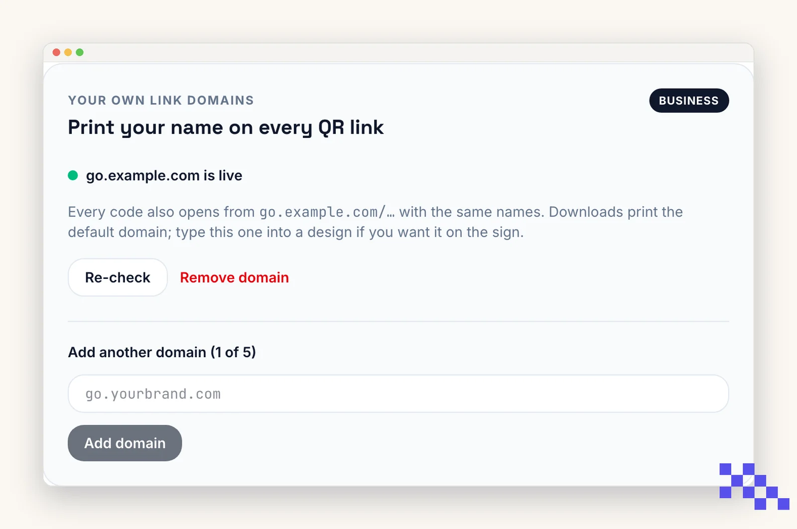 Your own link domain panel on the account page, showing a connected domain for QR links