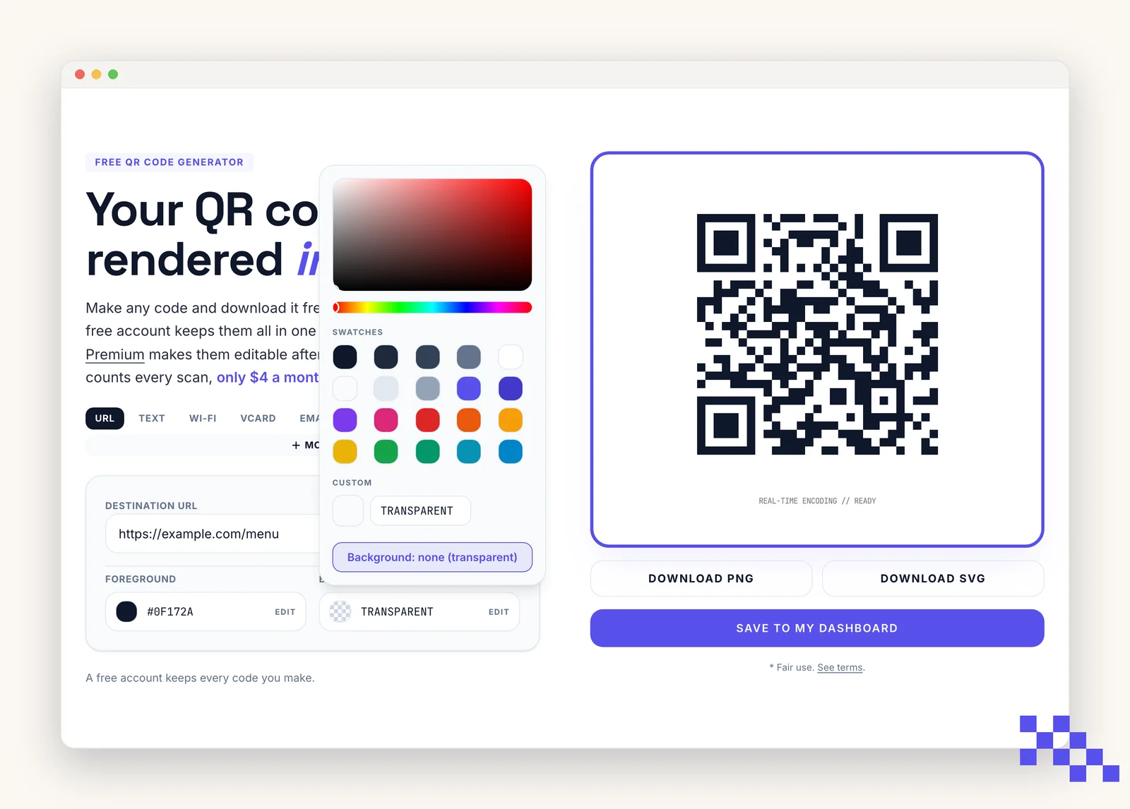 The background color picker with the transparent swatch selected and the code showing through to the page behind it