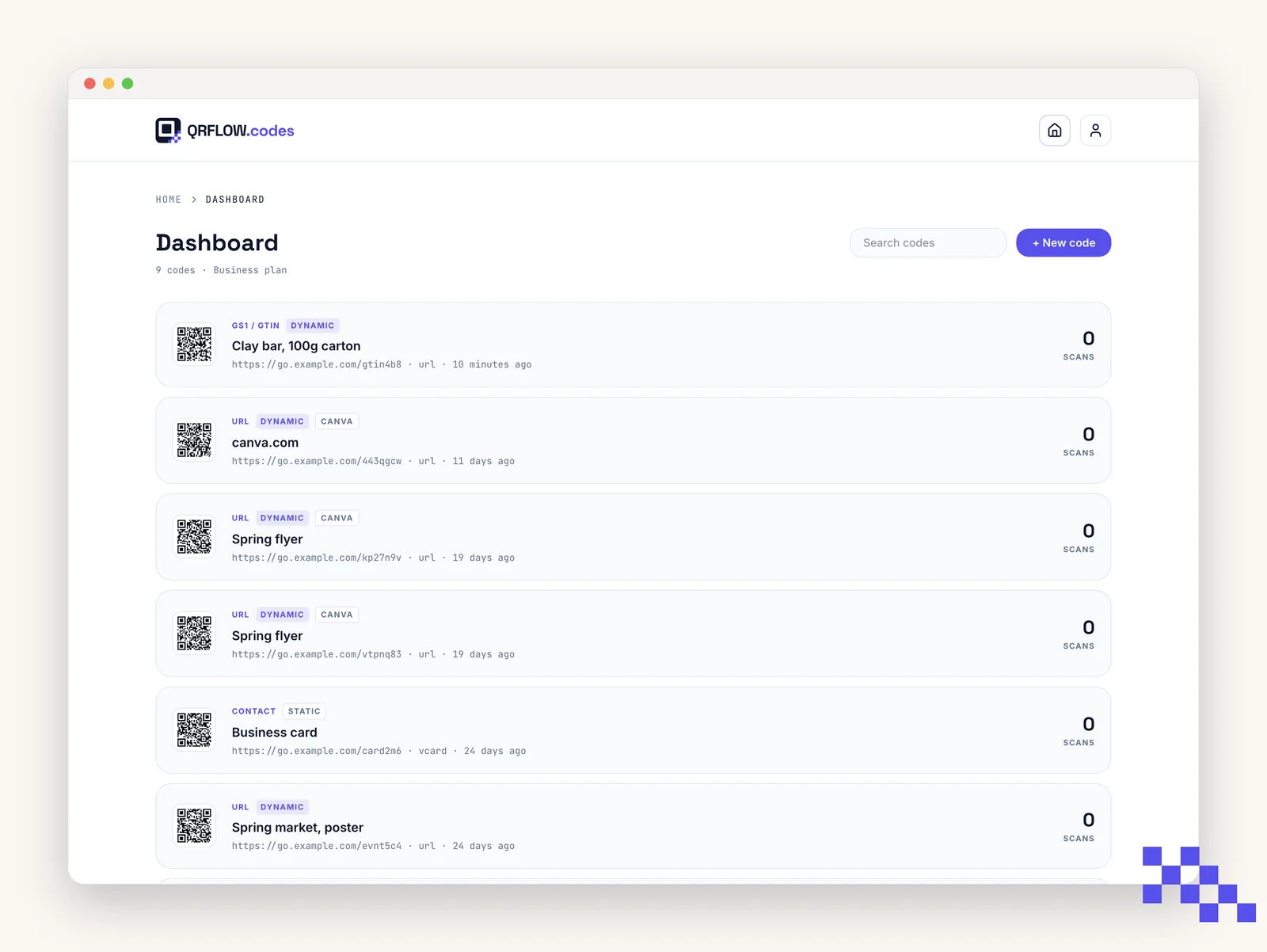 The Dashboard listing five saved codes with their type, short link and scan counts