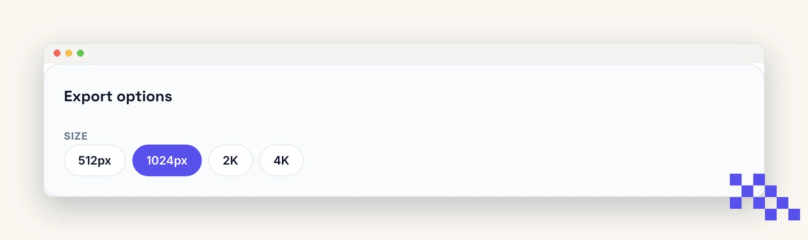 Export options panel with PNG and SVG and the size choices