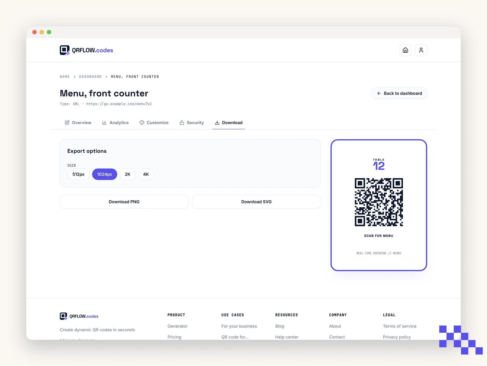 The Download page for a saved code with PNG size options and SVG
