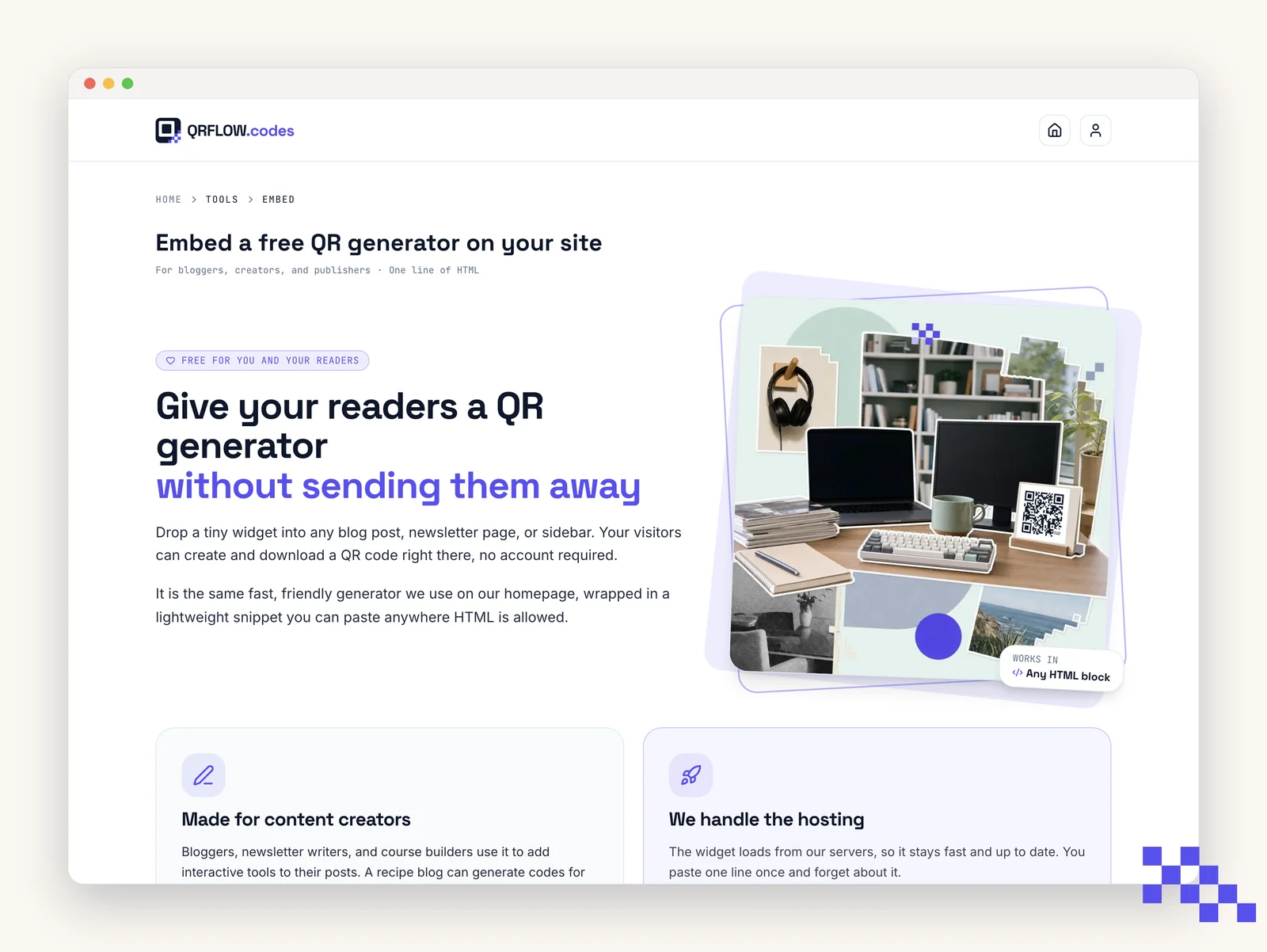Embed tool page with the live generator preview and the copyable snippet
