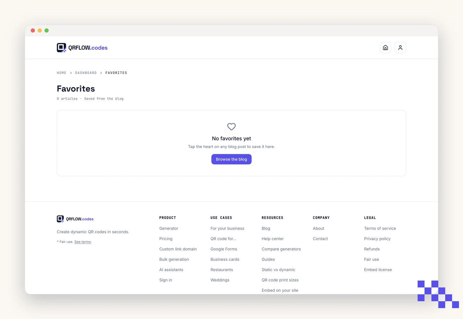 Favorites page listing saved blog posts