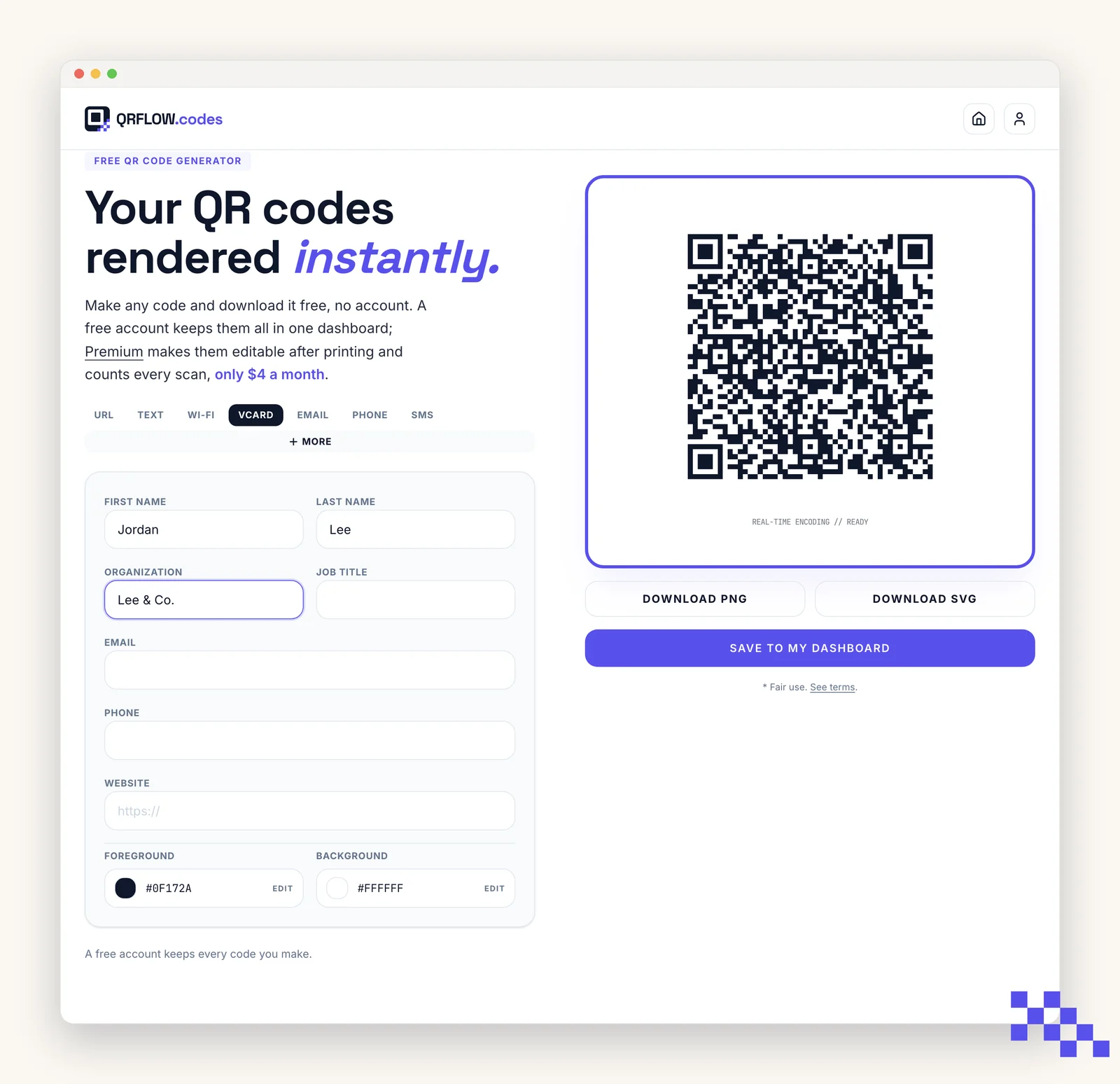 The generator with the vCard form filled in: first name, last name and company, with the finished code beside it