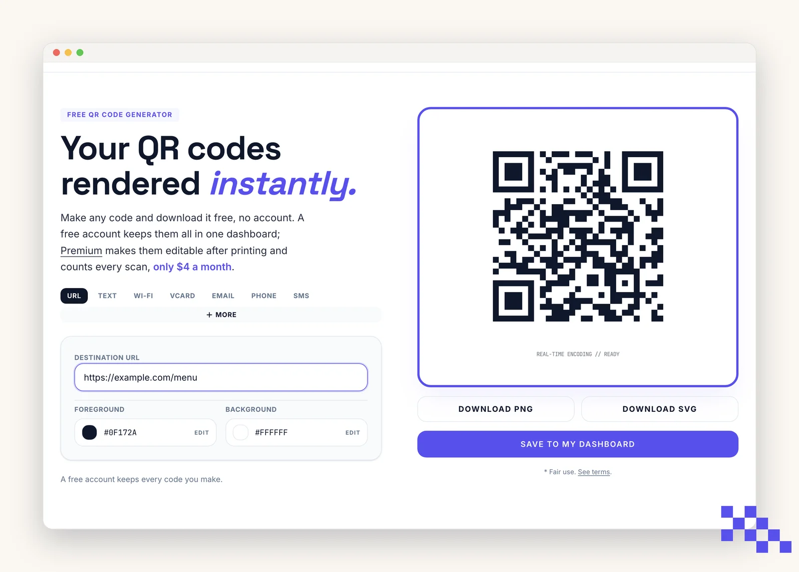 The generator preview panel with Download PNG, Download SVG and Save buttons