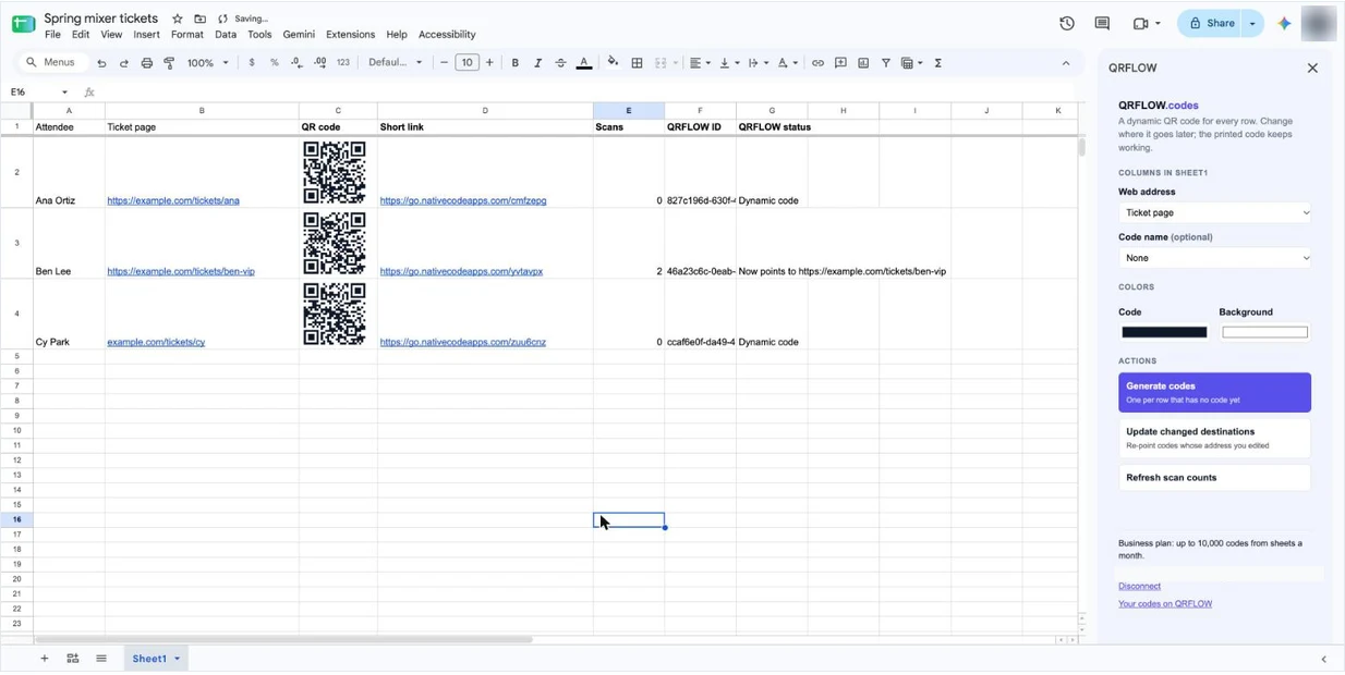 A Google Sheet of event tickets with a QR code, short link and scan count in each row, and the QRFLOW sidebar open