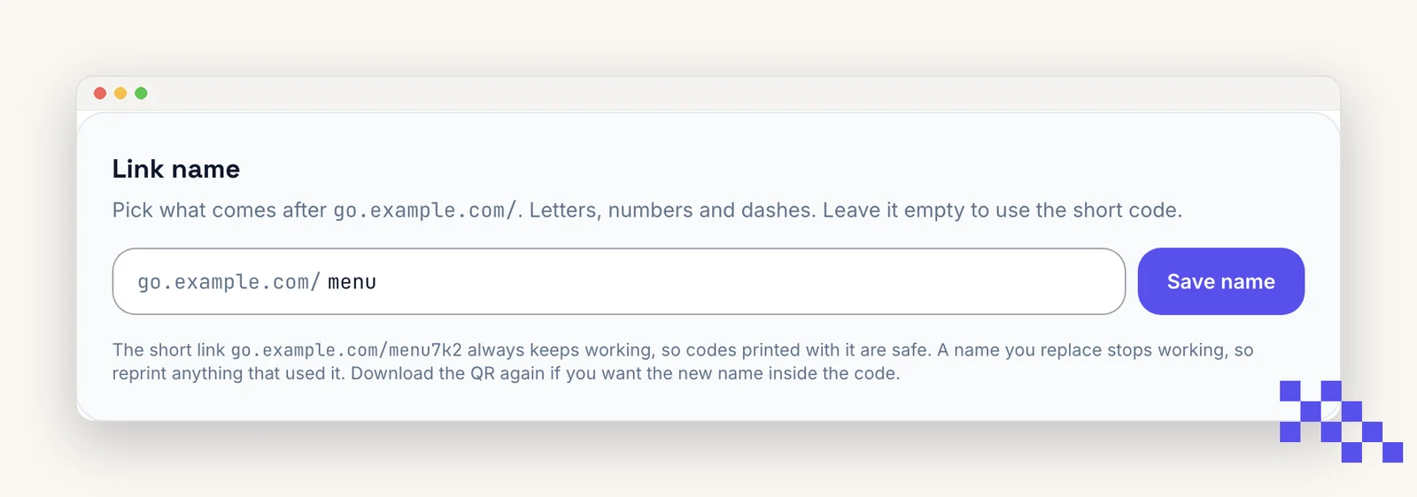Link name panel on a code's overview with a name typed in and the resulting branded link