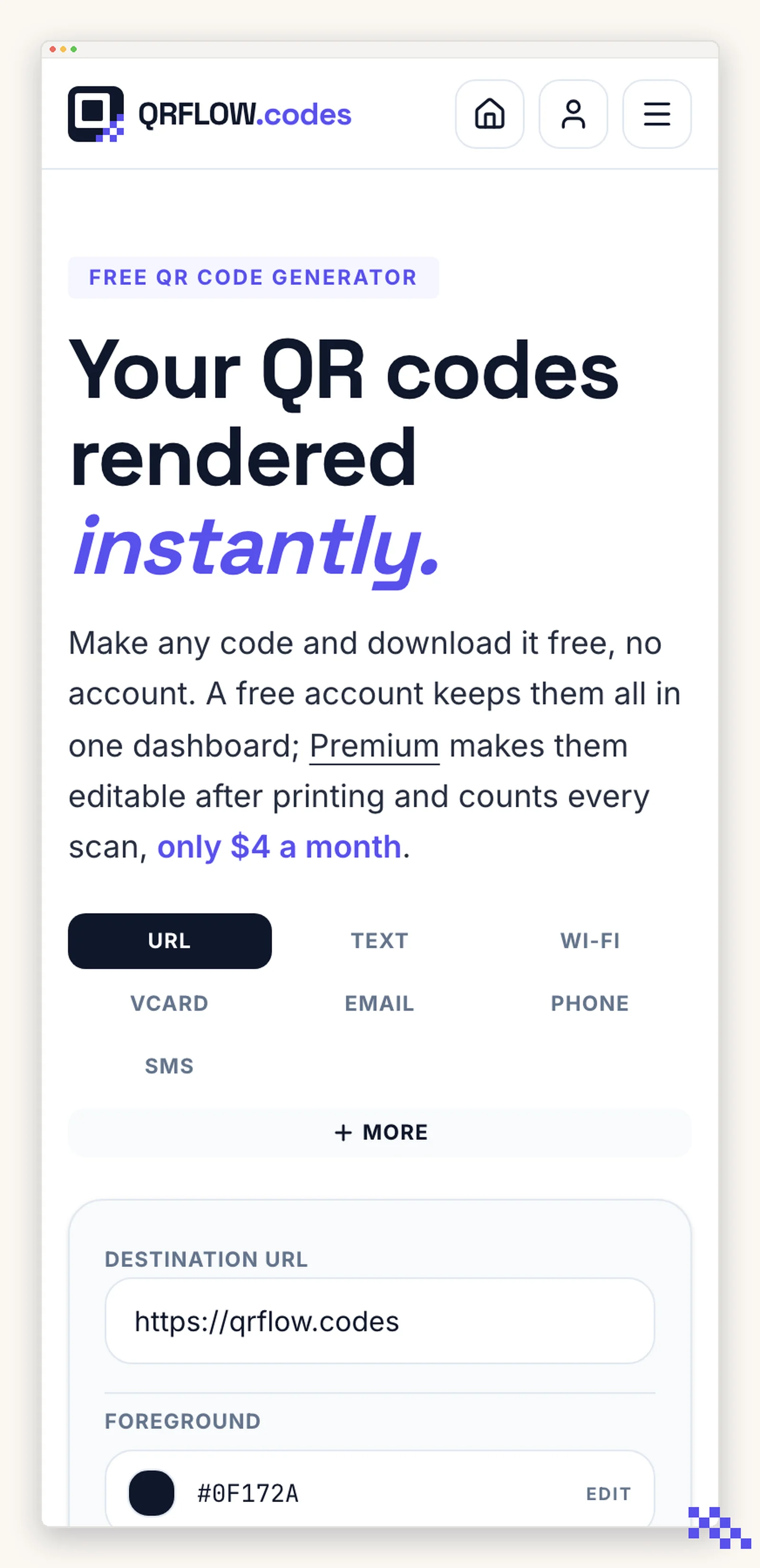 QRFLOW.codes open in a phone browser, showing the generator with the code type buttons