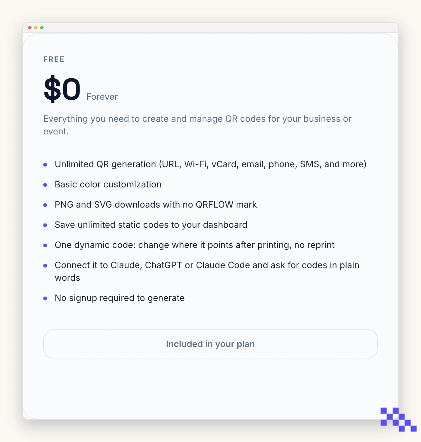 The Free column on the pricing page listing what the plan includes at zero dollars forever
