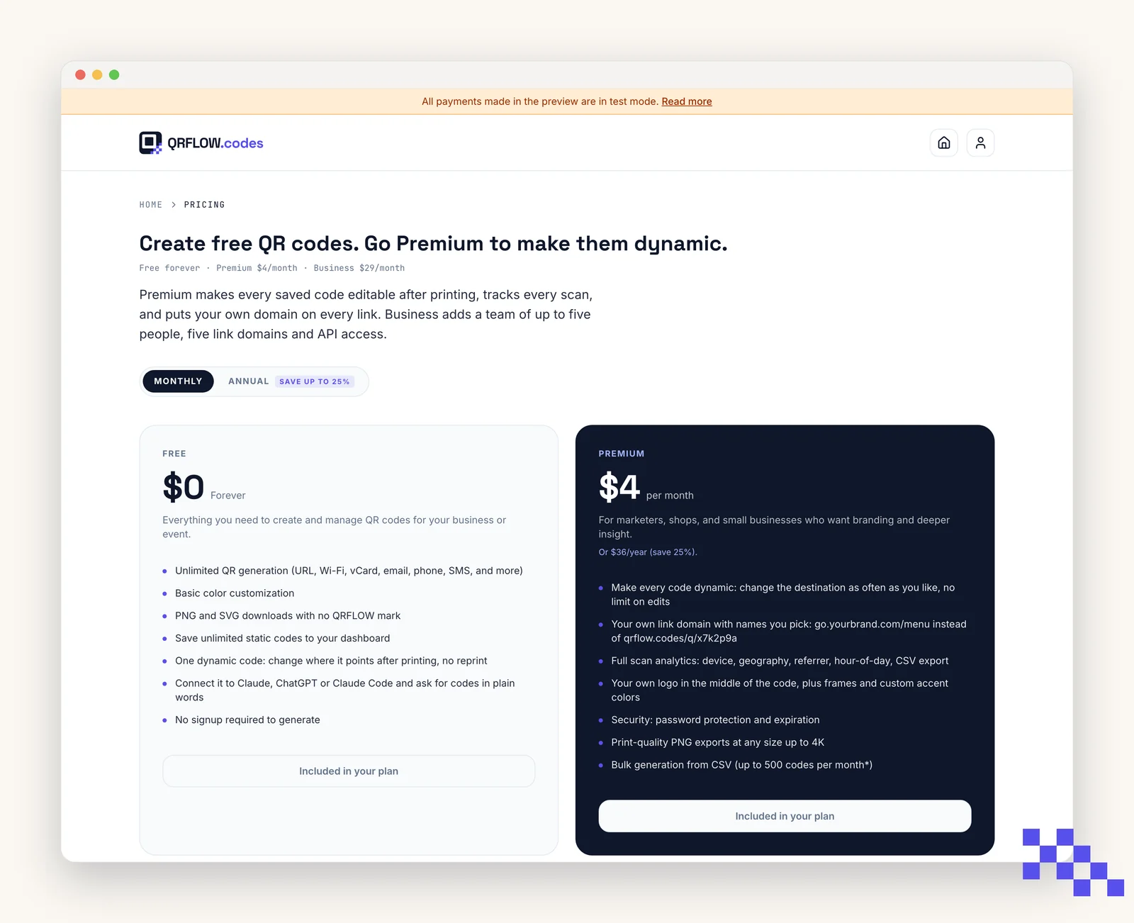 The Pricing page: Free, Premium at $4 per month and the Business row