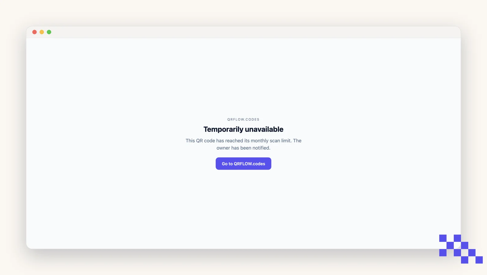 The Temporarily unavailable page a scanner sees when a QR code has reached its monthly scan limit