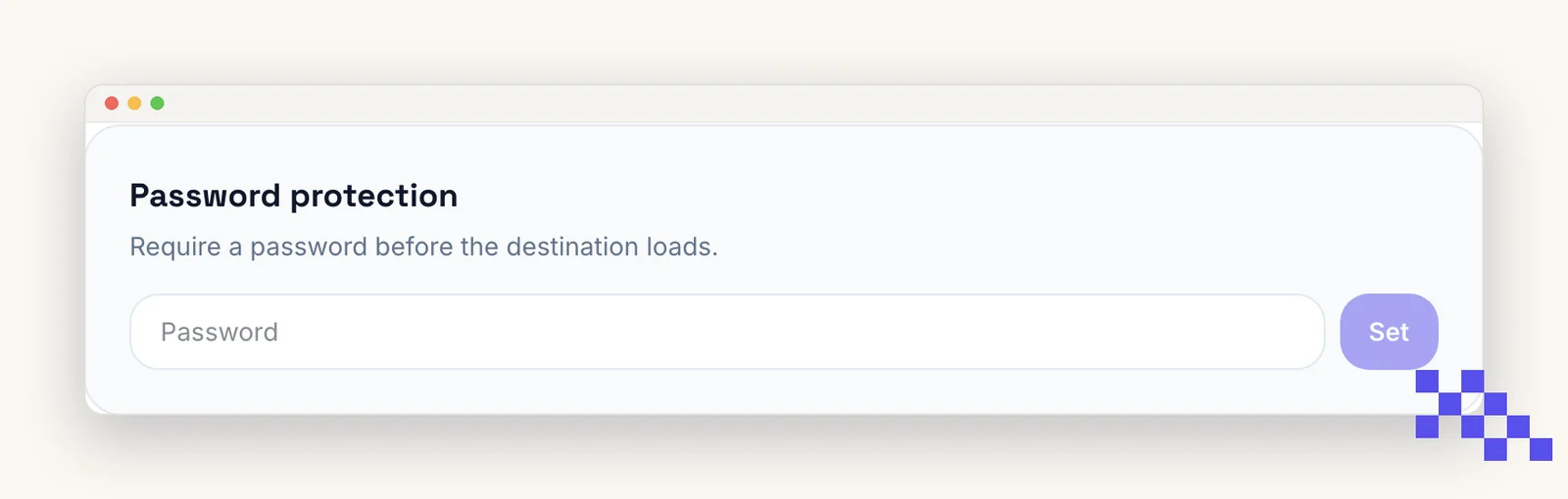 The Password protection panel with a password field and a Set button