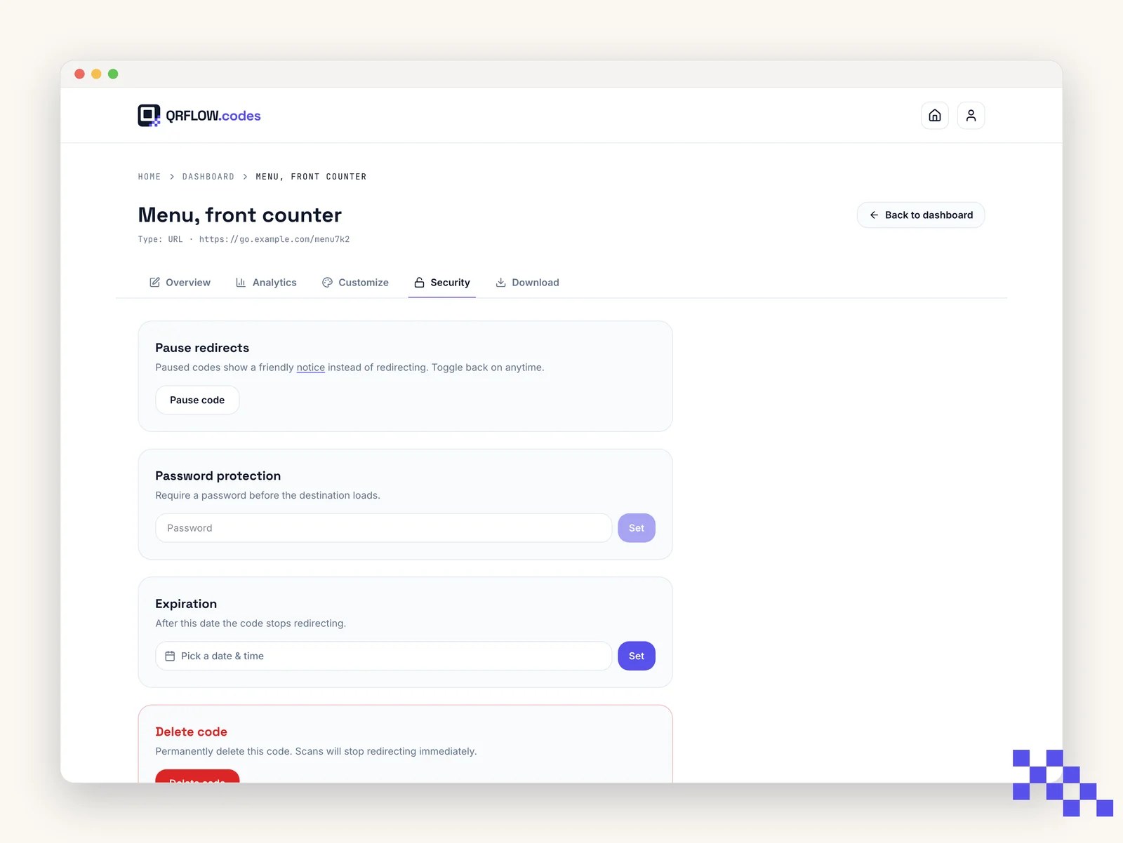 The Security page with Pause redirects, Password protection and Expiration