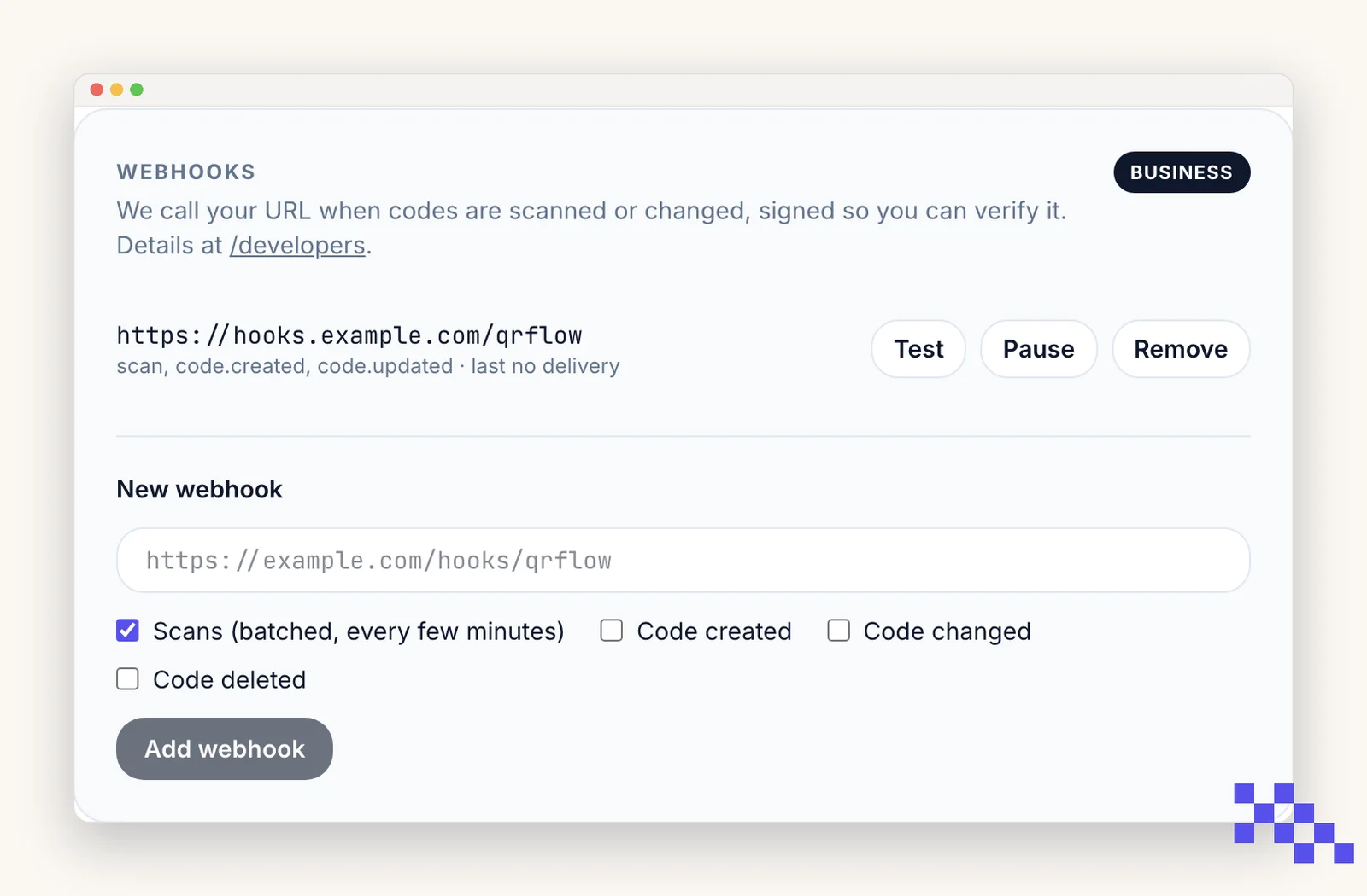 Webhooks card on the account page with one endpoint, its events, and the Test, Pause and Remove buttons