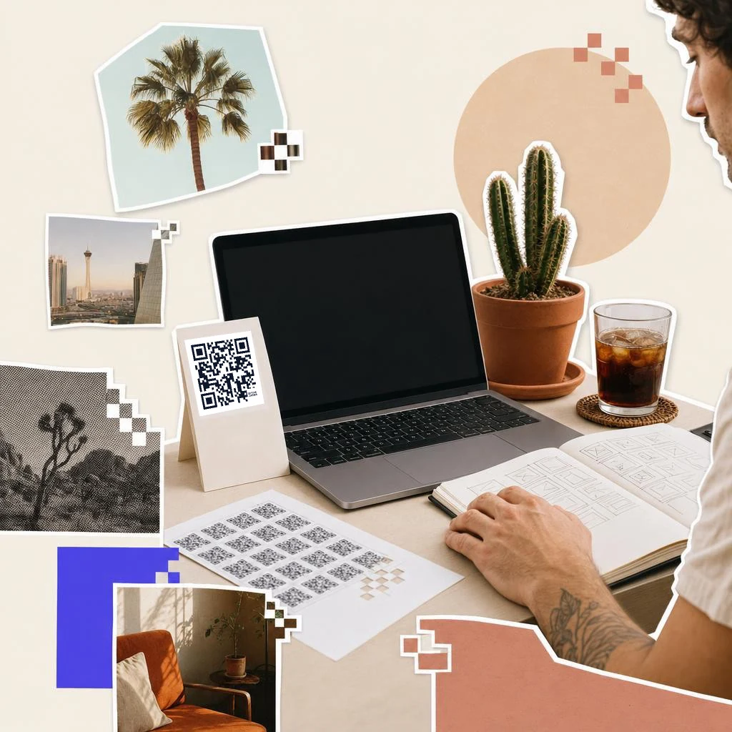 Someone sketching at a desk with a laptop, a cactus, an iced coffee and a QRFLOW.codes QR code card