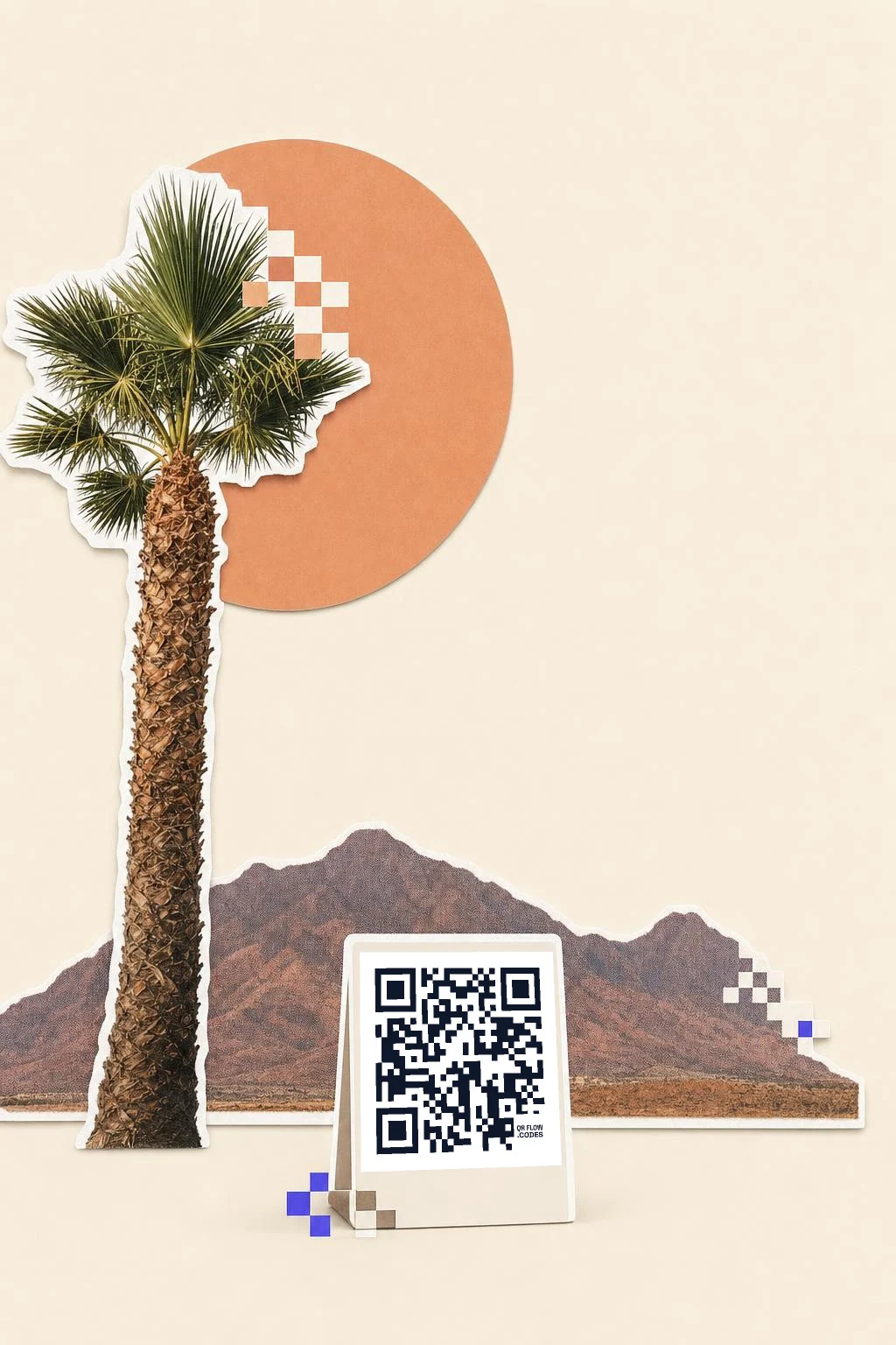 A palm tree, a sun and a desert ridge with a QR code card standing in front