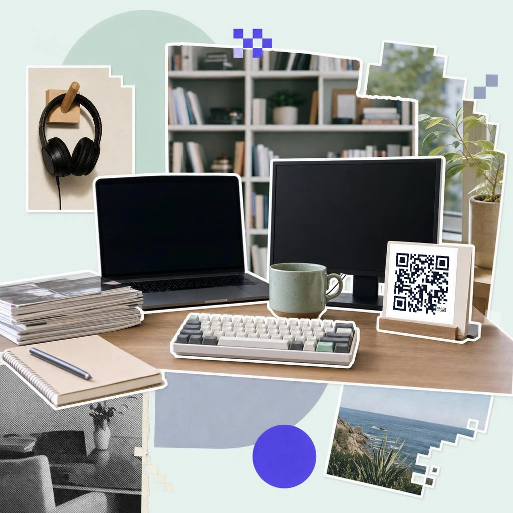 A desk with a laptop, monitor, keyboard and mug, a QRFLOW.codes QR code card beside them and a bookshelf behind