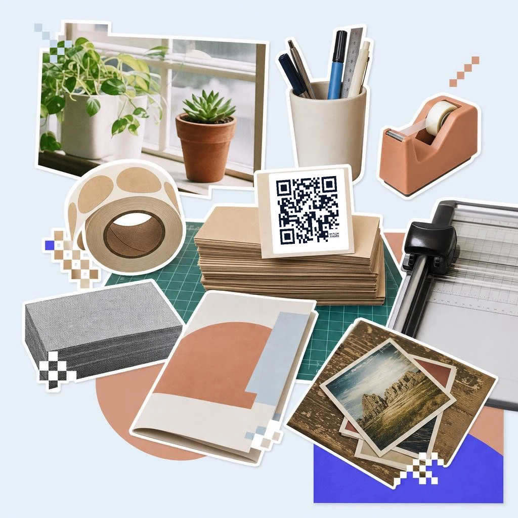 A QRFLOW.codes QR code card on a stack of kraft cards with tape, a paper cutter and potted plants on a work table