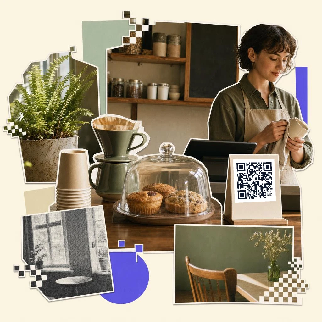 A barista wiping a cup beside a cake dome of muffins, pour-over coffee and a QRFLOW.codes QR code card on a cafe counter