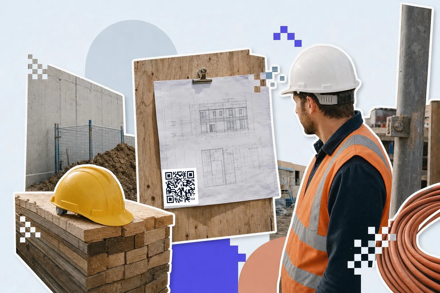 A construction site board: a laminated drawing sheet with a QR code card in the corner, a hard hat on stacked timber, scaffold and site fencing behind