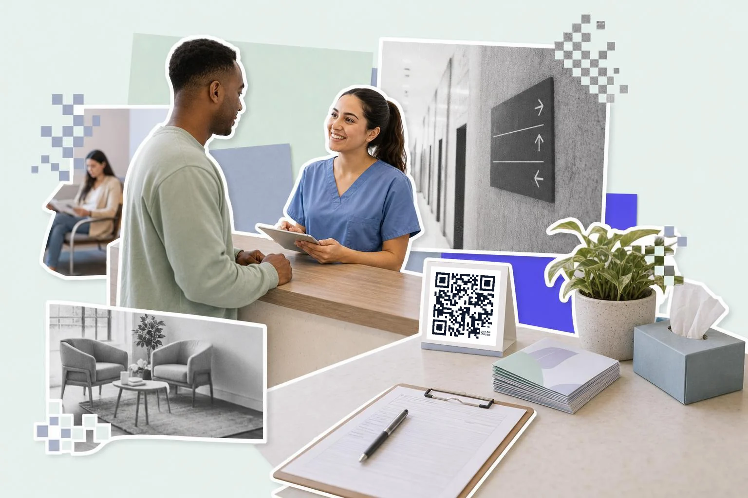 A clinic reception counter: a standing QR code card beside a stack of leaflets and a clipboard with a blank form, a wayfinding sign blurred behind