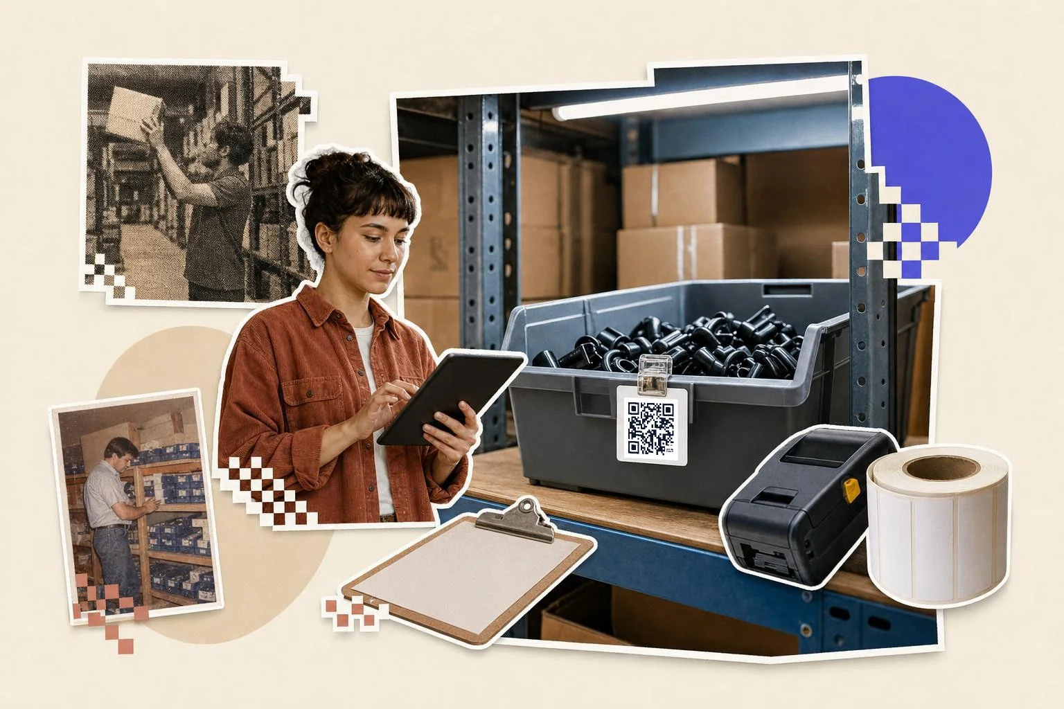 A warehouse shelf: a parts bin with a QR code label on its front lip, a clipboard, a roll of blank labels and a label printer on the shelf edge