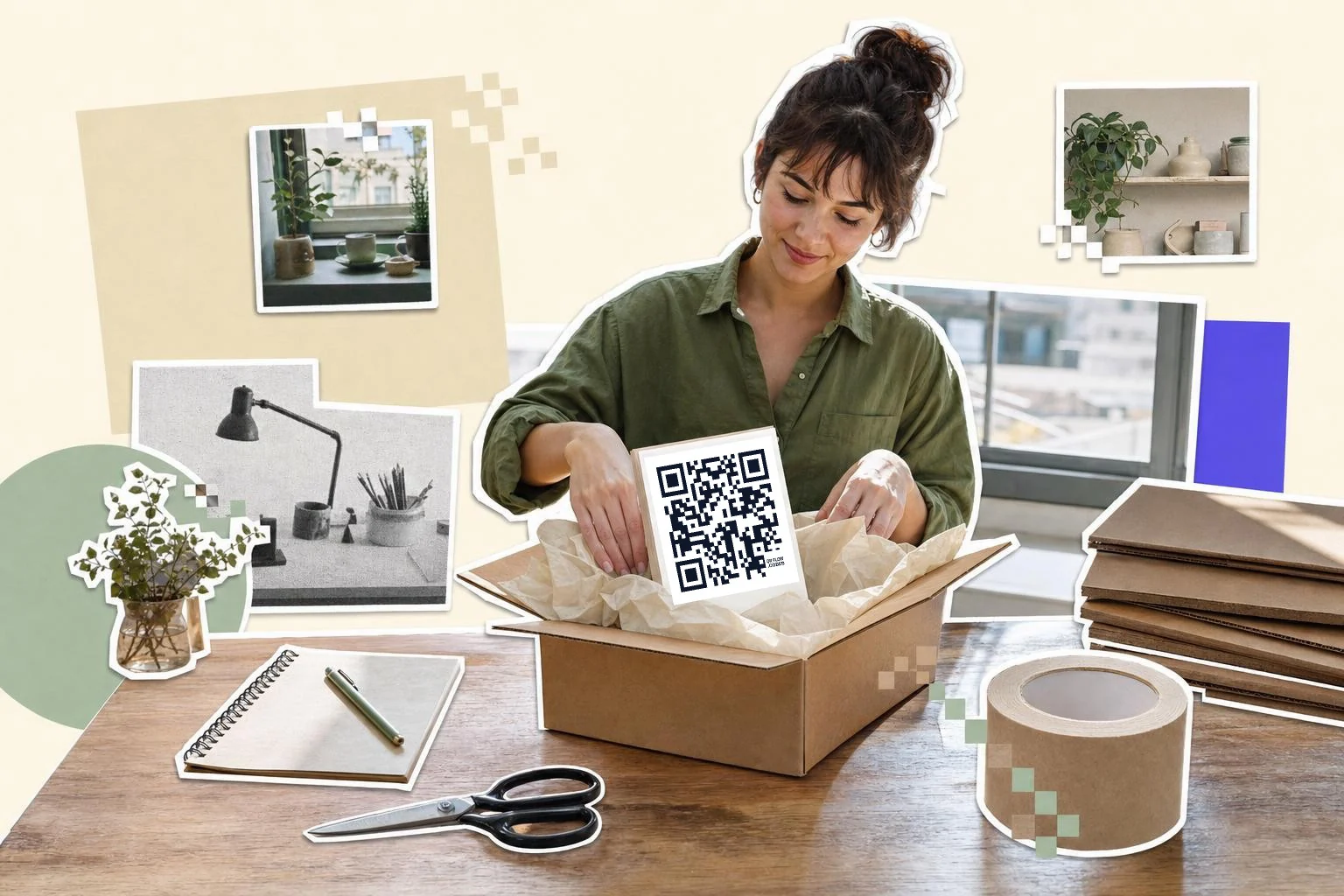 A woman packs a box at a studio table, a card with a QR code standing in the tissue paper beside scissors and tape.