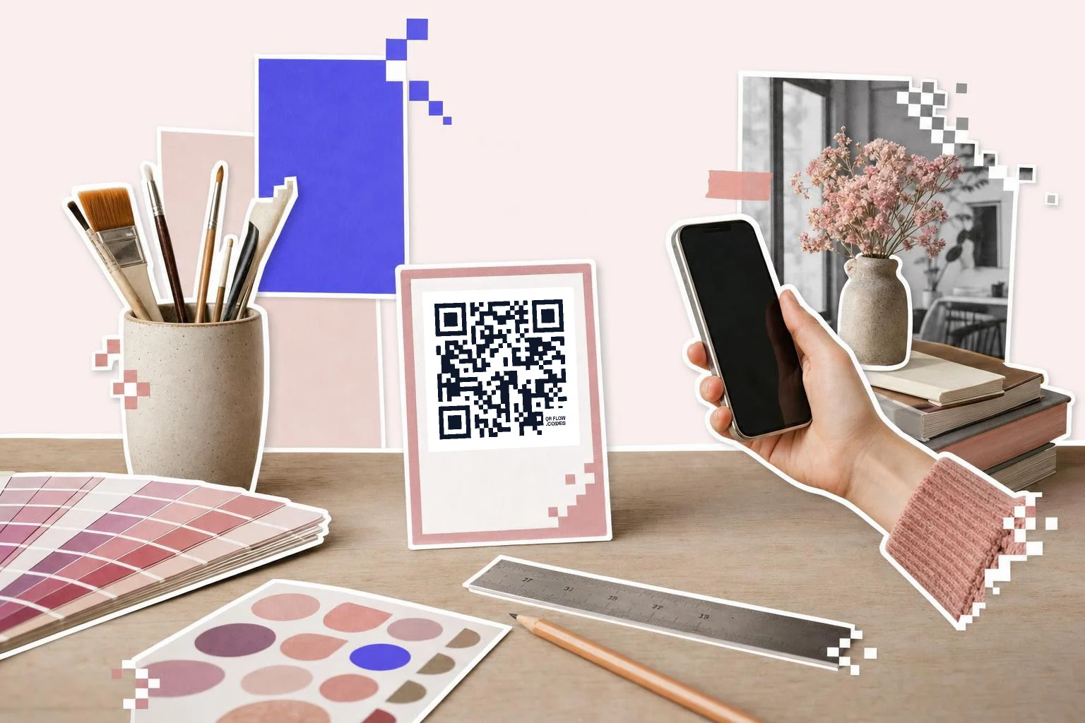 Paper cutout collage of a designer's desk: a framed card with a QR code among fanned color swatches, a cup of brushes, a ruler and pencil, a hand holding a phone toward the card