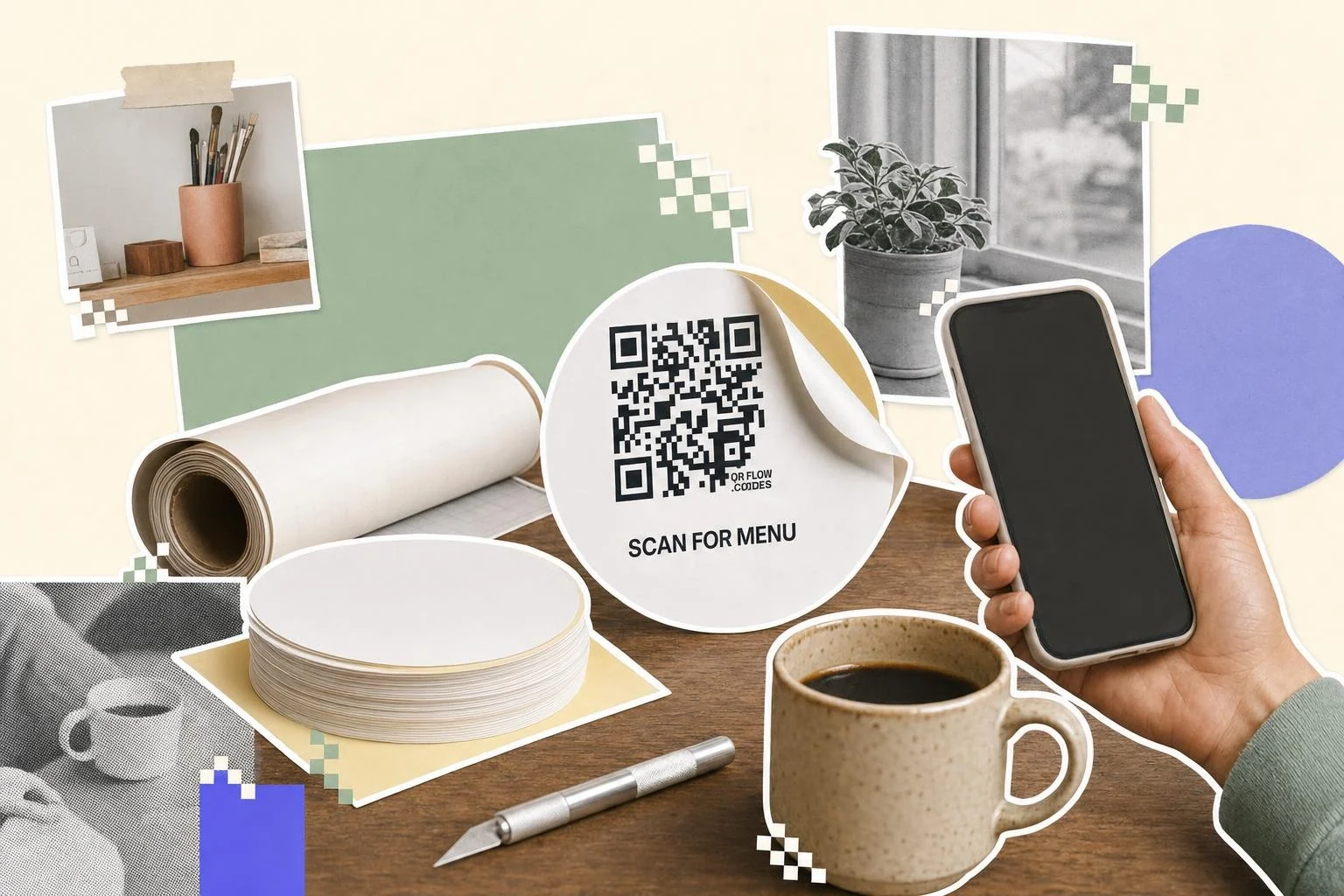Paper cutout collage of a sticker maker's desk: a large round matte sticker peeled halfway off its backing with a QR code reading Scan for menu, blank sticker sheets, a craft knife, a roll of backing paper and a coffee, a hand holding a phone toward the sticker