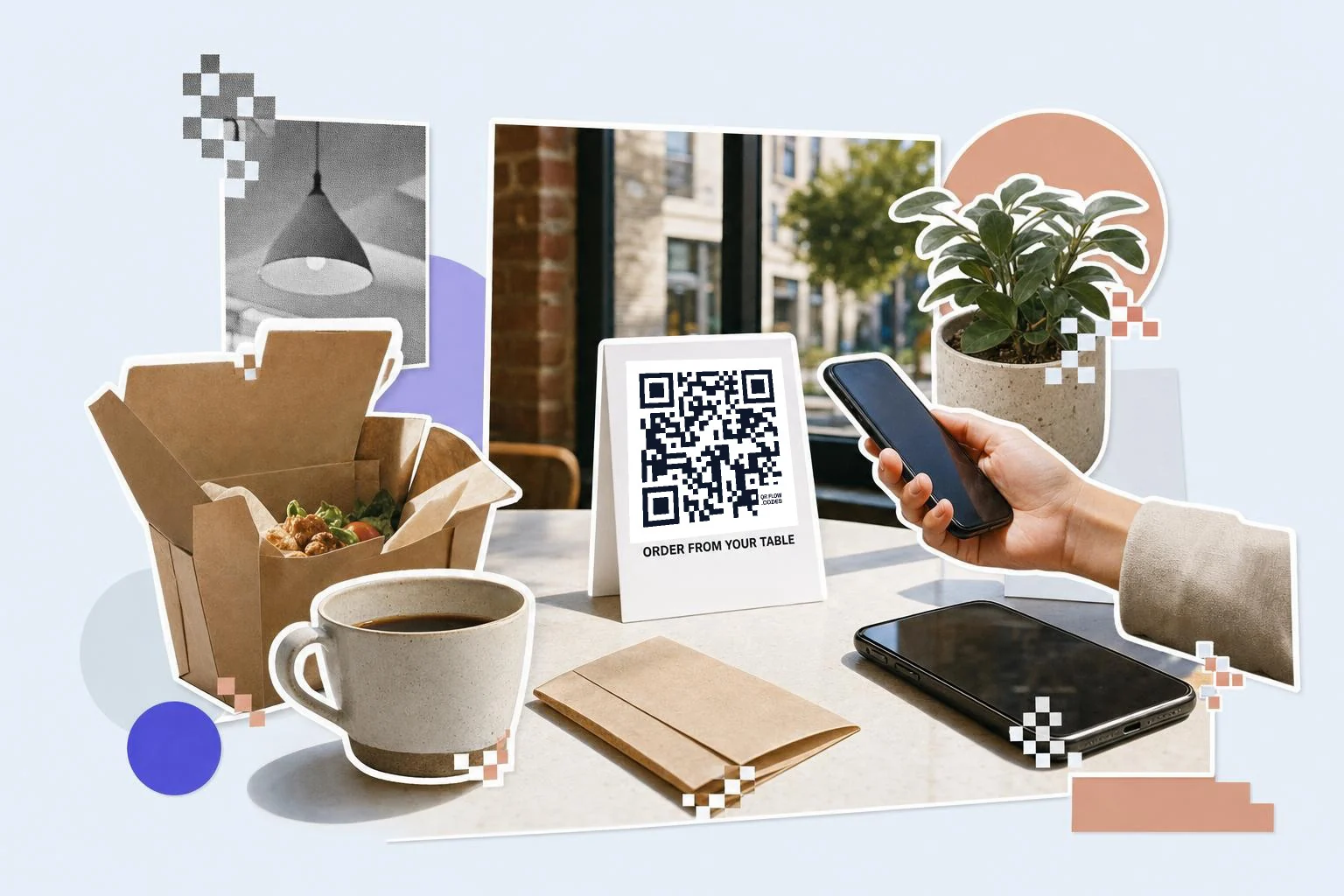 A cafe table: a white table tent card with a QR code reading Order from your table, a takeaway carton of salad, a coffee cup, a kraft envelope and a phone lying face down, a hand holding a second phone toward the card, a window and a plant behind