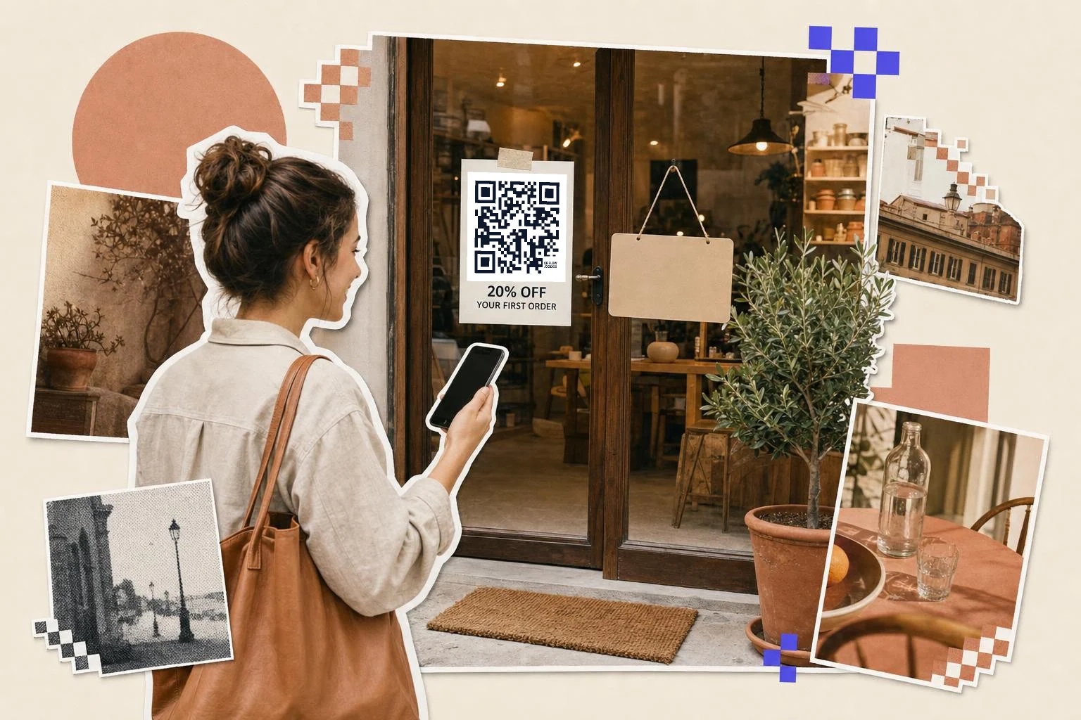 A shop doorway: a card taped inside the glass carrying a QR code and the words 20% off your first order, a blank hanging sign on the door, a doormat and a potted olive tree, a woman with a tote bag holding a phone toward the card