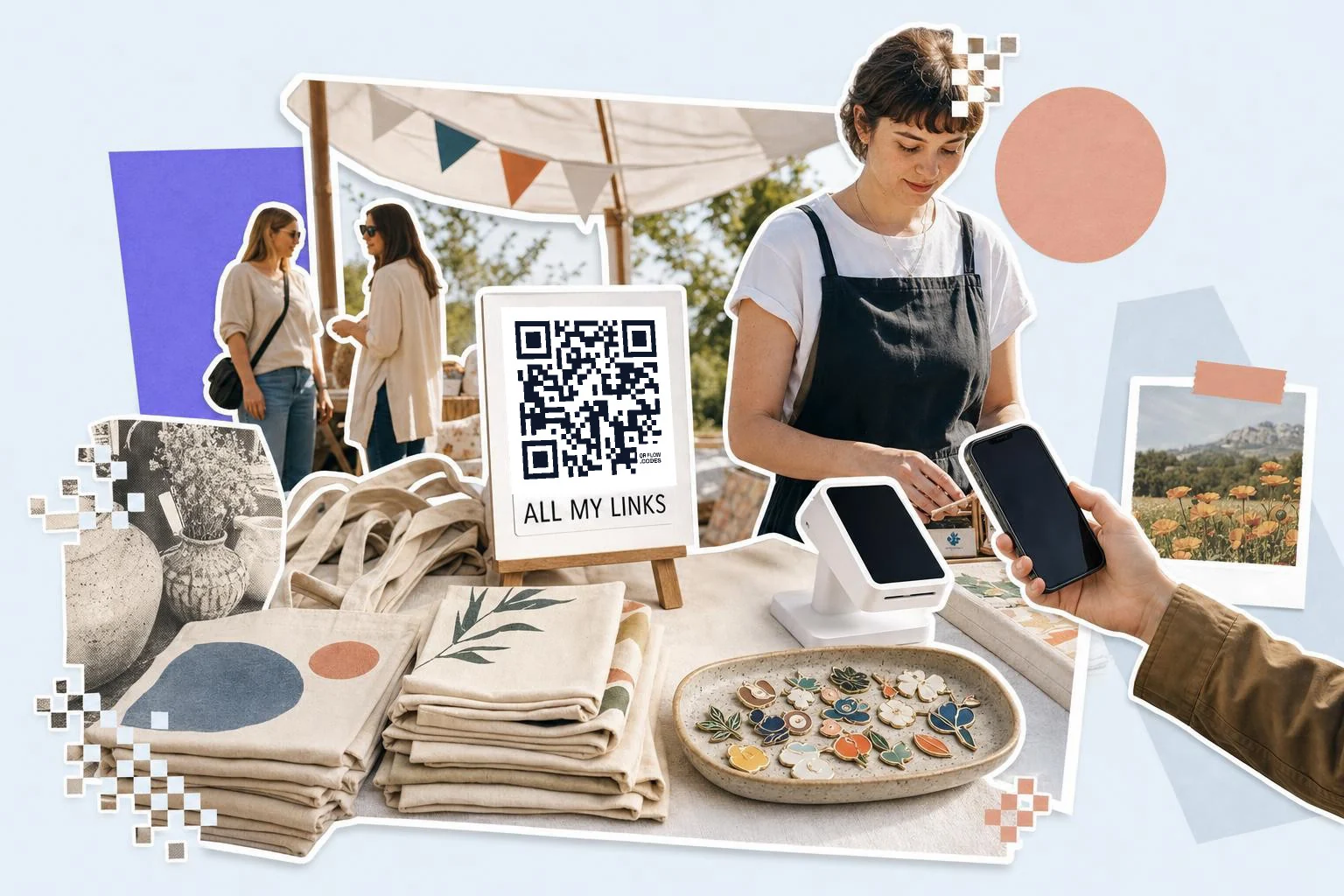 A craft fair stall: a small easel sign with a QR code reading All my links beside folded tote bags and a dish of enamel pins, the stallholder at a card reader, a customer holding a phone toward the sign