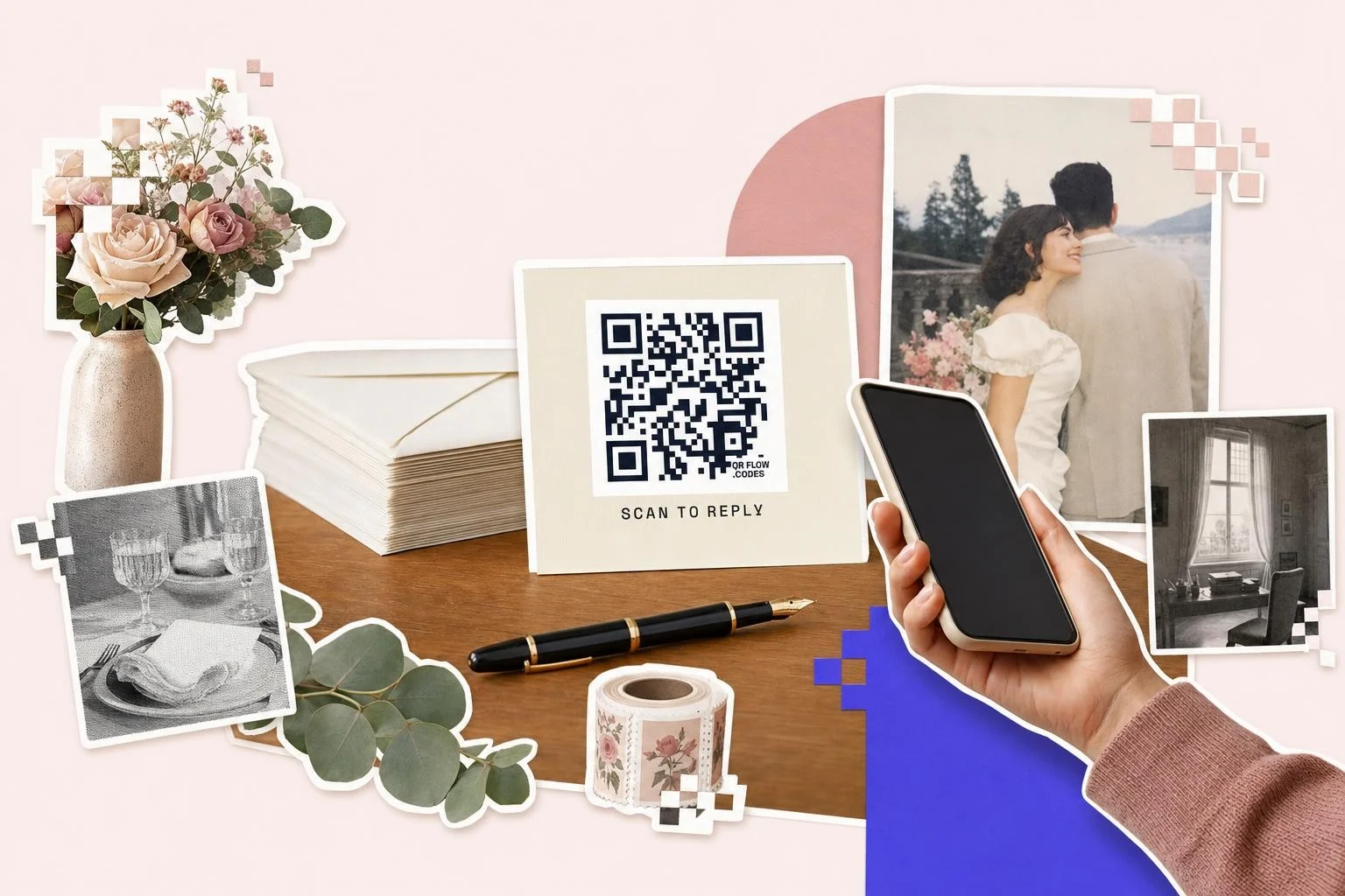 A wedding writing desk: a framed cream card with a QR code reading Scan to reply, a stack of addressed envelopes, a fountain pen, a roll of floral stamps, eucalyptus and a vase of roses, a hand holding a phone toward the card