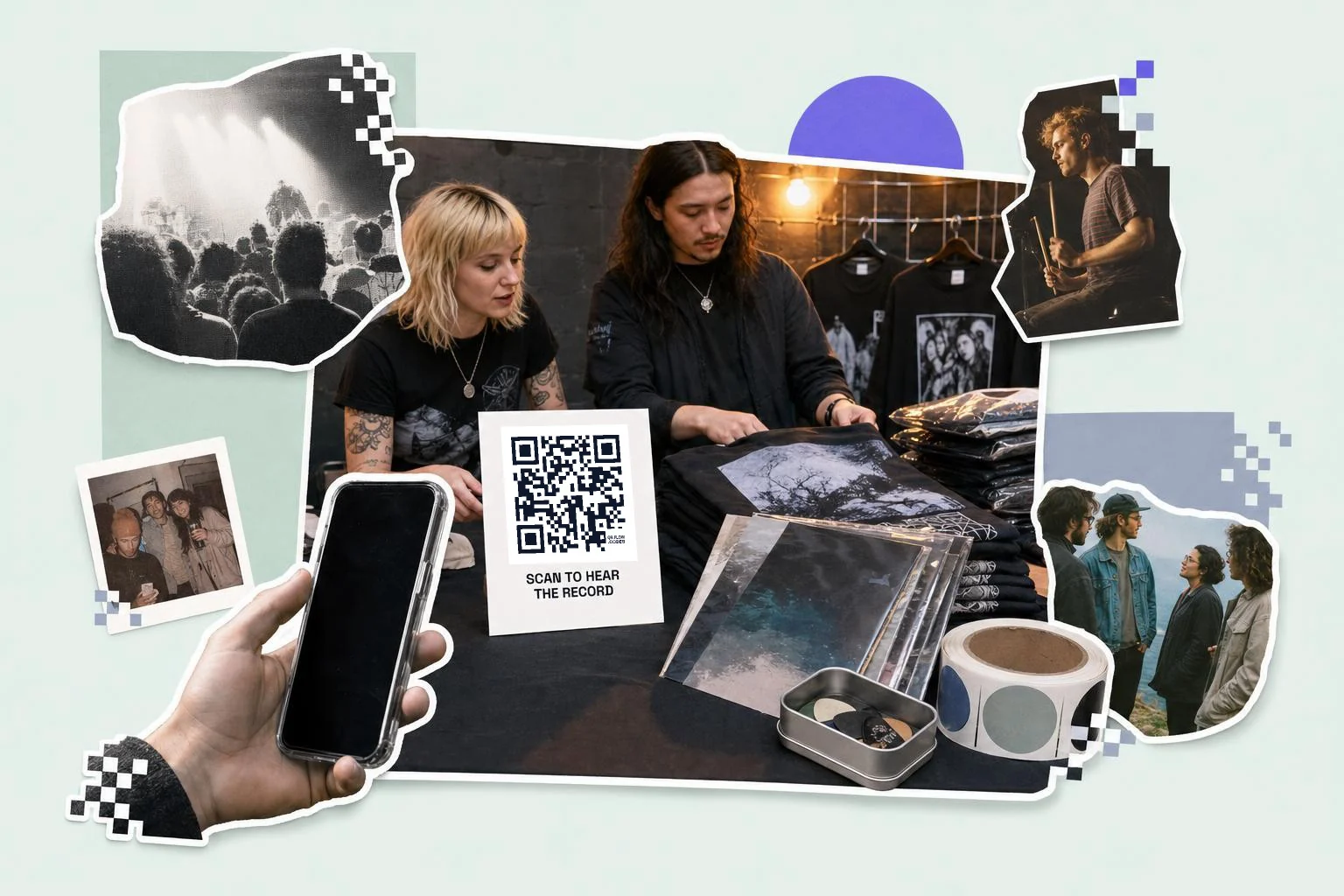 A band's merch table: a white card with a QR code reading Scan to hear the record, a vinyl sleeve and folded t-shirts, two band members behind the table, a tin of guitar picks and a roll of stickers, a hand holding a phone in front, gig photos around the edges