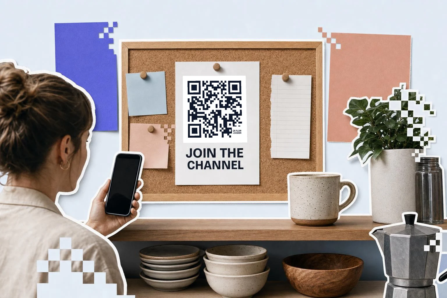 A co-working kitchen: a cork noticeboard with a pinned sheet carrying a QR code and the words Join the channel among blank sticky notes, a mug, a plant and a moka pot on the shelf below, a woman holding a phone toward the sheet