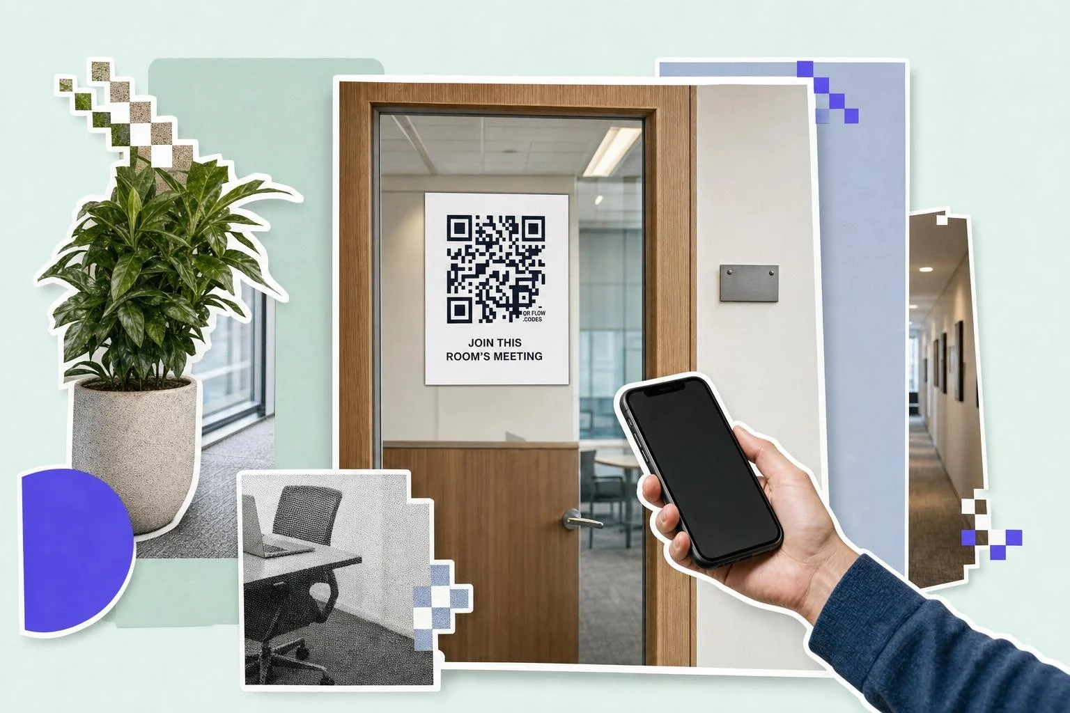 An office meeting room door: a white sign at eye level carrying a QR code and the words Join this room's meeting, a brushed room-number plate beside it, a plant and a corridor behind, a hand holding a phone toward the sign